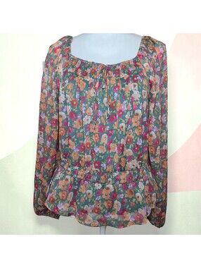 NEW Large Lauren Conrad Floral Peasant Blouse Womens Teal Pink Boho Long Sleeve